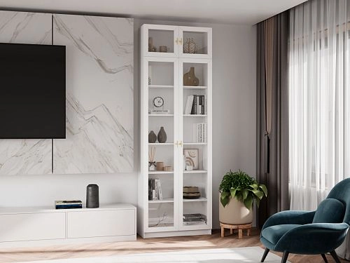 Шкаф Библиотека Билли Хелена-20 с антресолью Белый/Золотой - фото 1